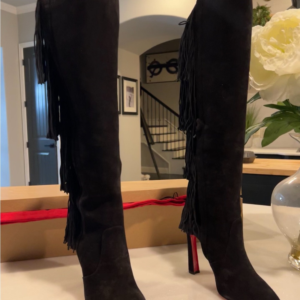 Christian Louboutin Black Over the Knee Fringe Boots